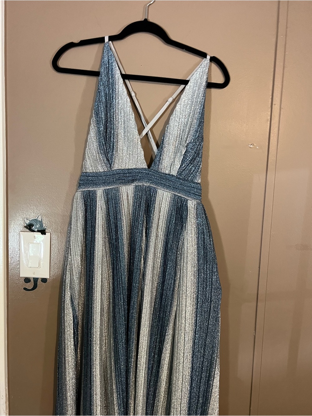Luxe Metallic Silver and Slate Blue Striped V-Neck Prom Gown